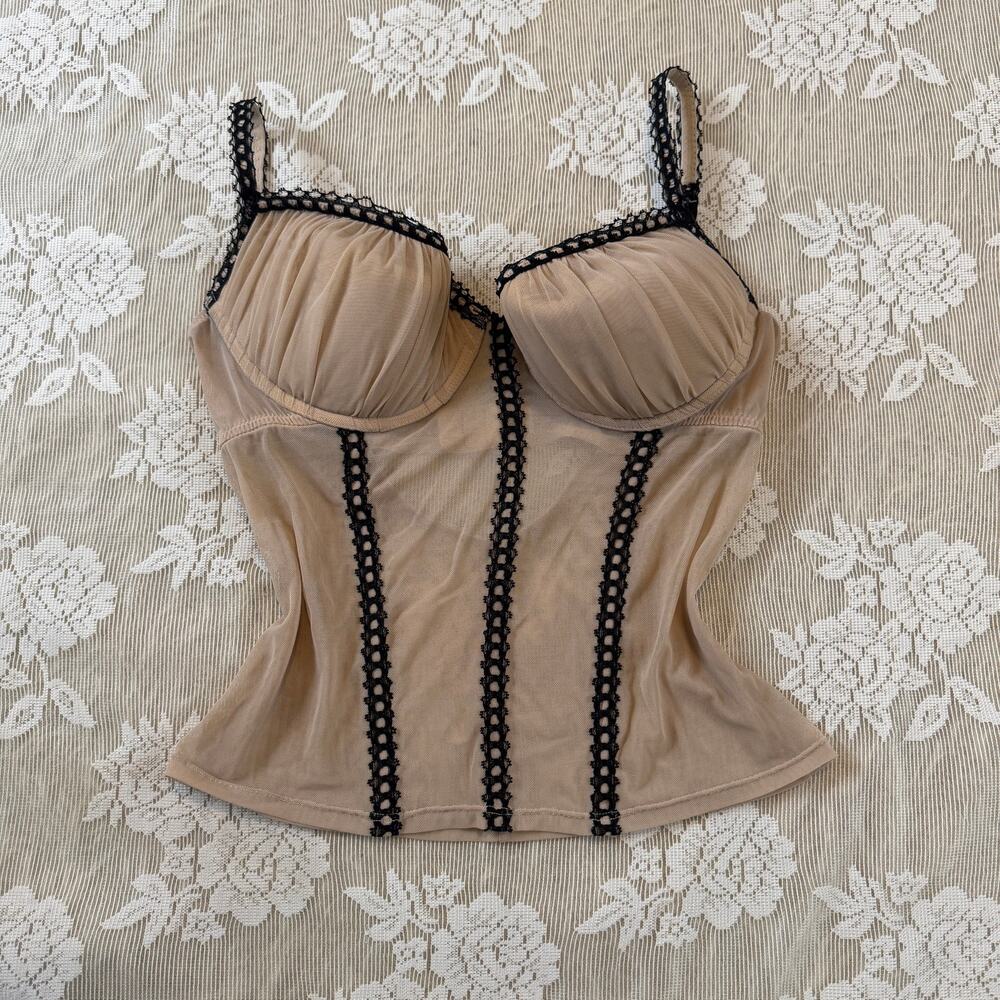 Y2K Nude Mesh Black Lace Corset Top Size S